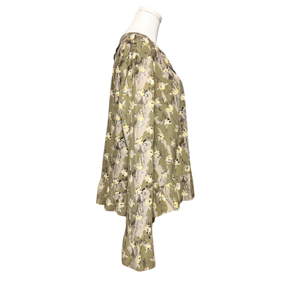 FLAX Brand Green Watercolor Floral Collared Bell Sleeve Peplum Boho Top Large - Picture 4 of 9